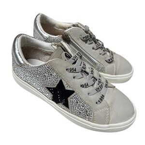 Kids Vintage Havana Rhinestone Star Side Zip Sneakers Silver Gray Size